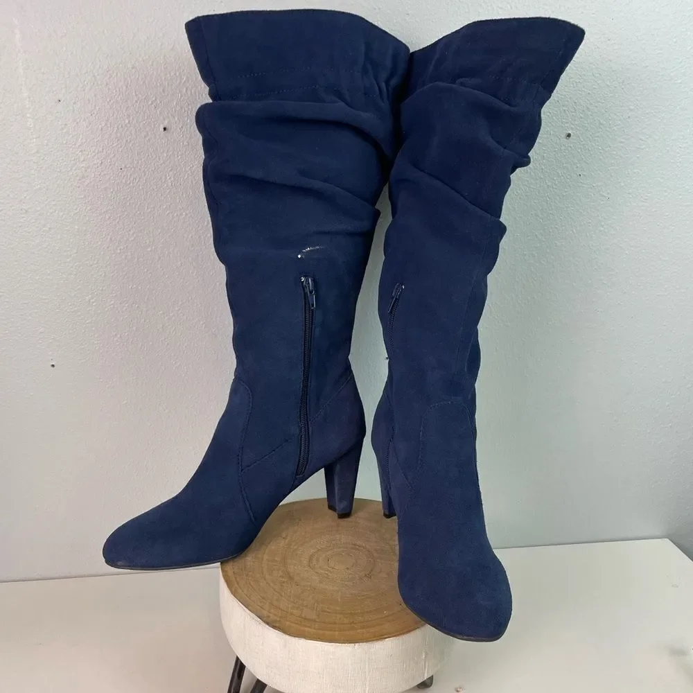 Hot in Hollywood Blue Leather Over the Knee Slouchy Boots Size 8W EUC